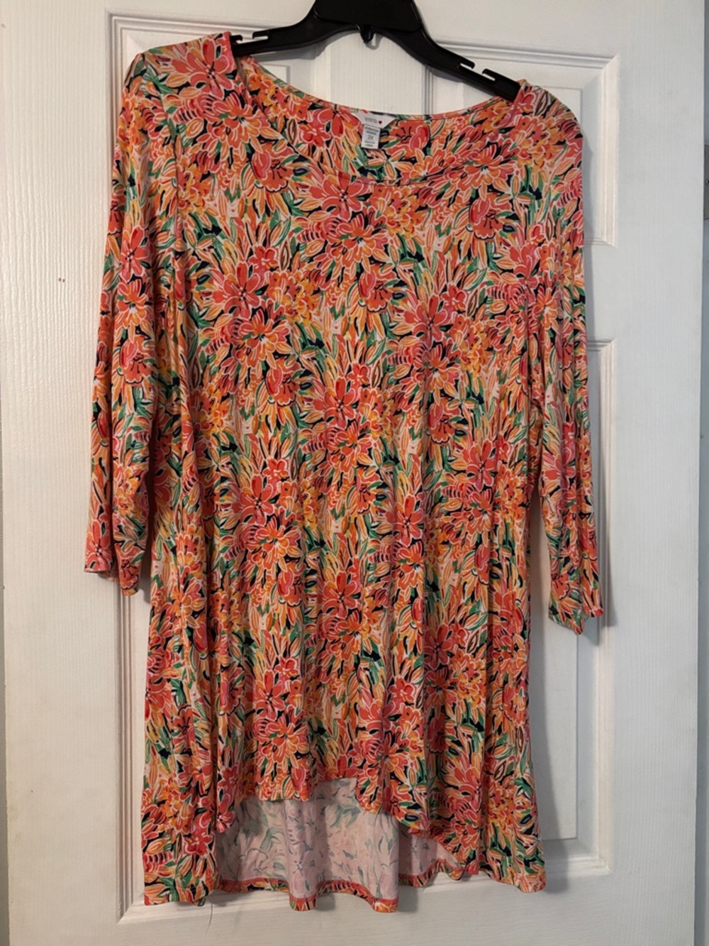 intro. Floral Scoop-Neck Tunic in Coral, Green & Yellow